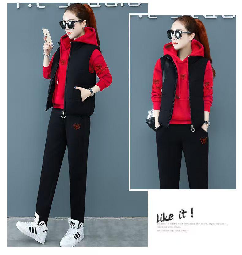 Women's Fleece-Lined Embroidered Hoodie Three-Piece Set for Autumn/Winter 2024