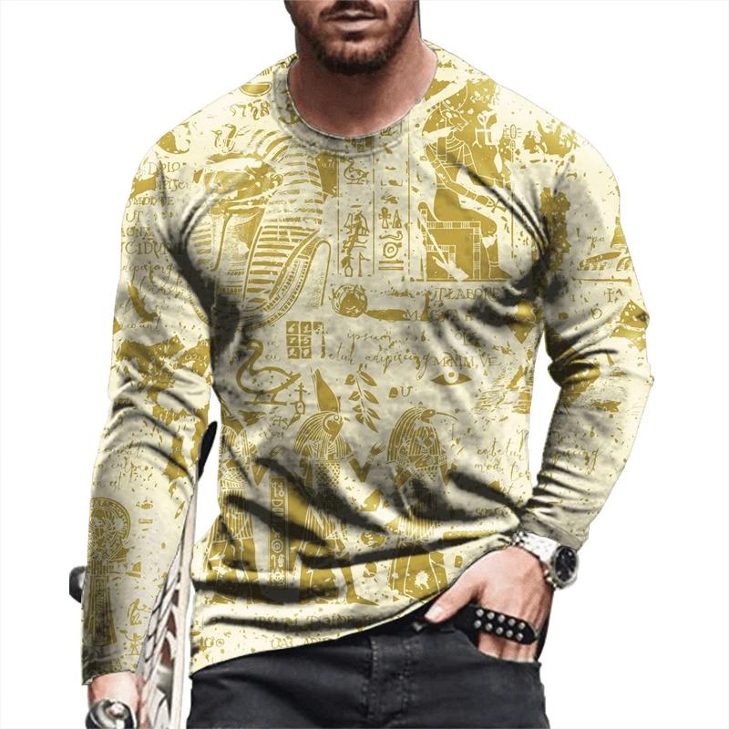 Ancient Egyptian Pattern Print T-shirt Autumn Men's O-Neck T-shirt Casual Long Sleeve Oversized Tops Fashion Streetwear Tees