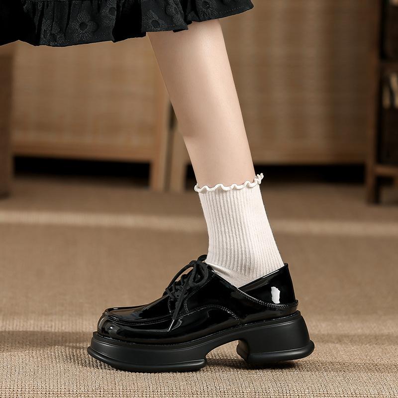 New retro black single shoes women's autumn round head lace-up versatile platform small leather shoes