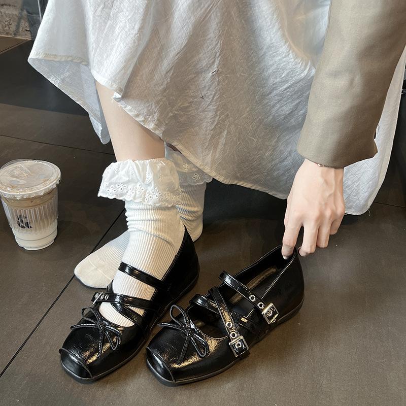 French Women's Ballet Shoes Summer New Retro Bow Inner Height Increase Single Shoes Cross Strap Mary Jane Shoes