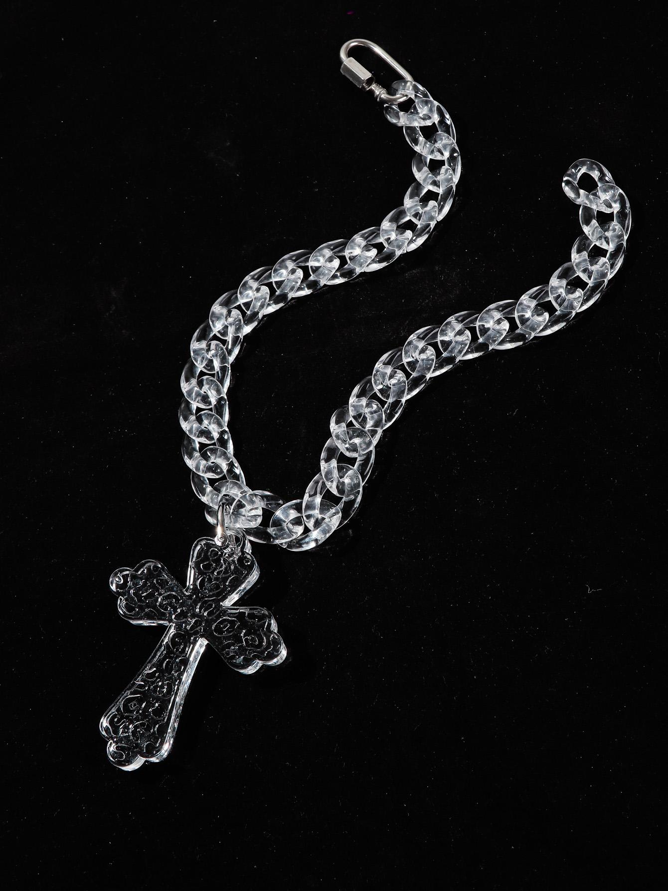 HipHop Big Leopard Print Cross Acrylic Pendant Necklace for Women Men Trendy Transparent Cuban Chain Necklace Rock Jewelry Gift