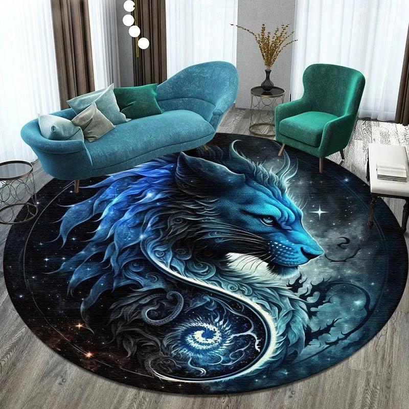 Crystal Velvet Tree of Life Round Rug, Dragon Tiger Yin Yang Print Non Slip Floor Mat for Living Room, Bedroom, Home Decor
