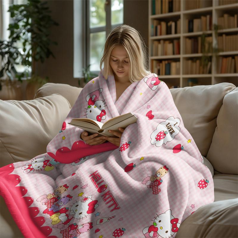 Sanrio Lovely Hello Kitty Plush Flannel Blanket Red White Grid Pattern Lightweight Throw Bed Sofa Cover School Office Nap Shawl