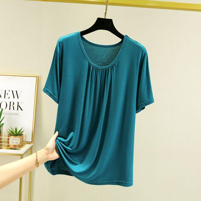 

Модальная футболка с коротким рукавом женская летняя свободная большого размера нижнее белье облегающие топы повседневная самая простая для сочетания однотонная тонкая базовая футболка Dark green 2XL (75.00 kg-90.00 kg recommended