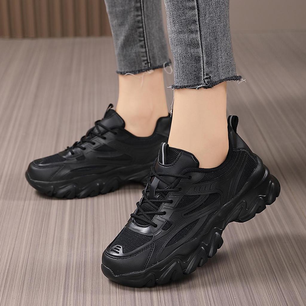 Women's Black Non-Slip Height-Increasing Sports Shoes - Fashionable, Comfortable, Versatile, Thick Sole for Spring/Autumn