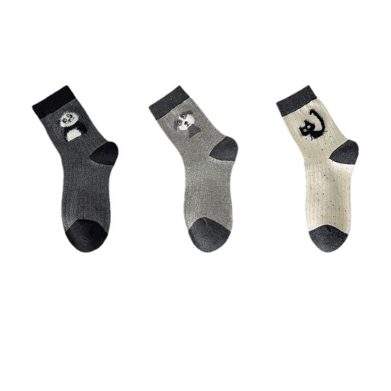 Female Spring and Autumn All Pitch Yarn Flocking Cartoon Cute Animal College Wind Tube Cotton Socks