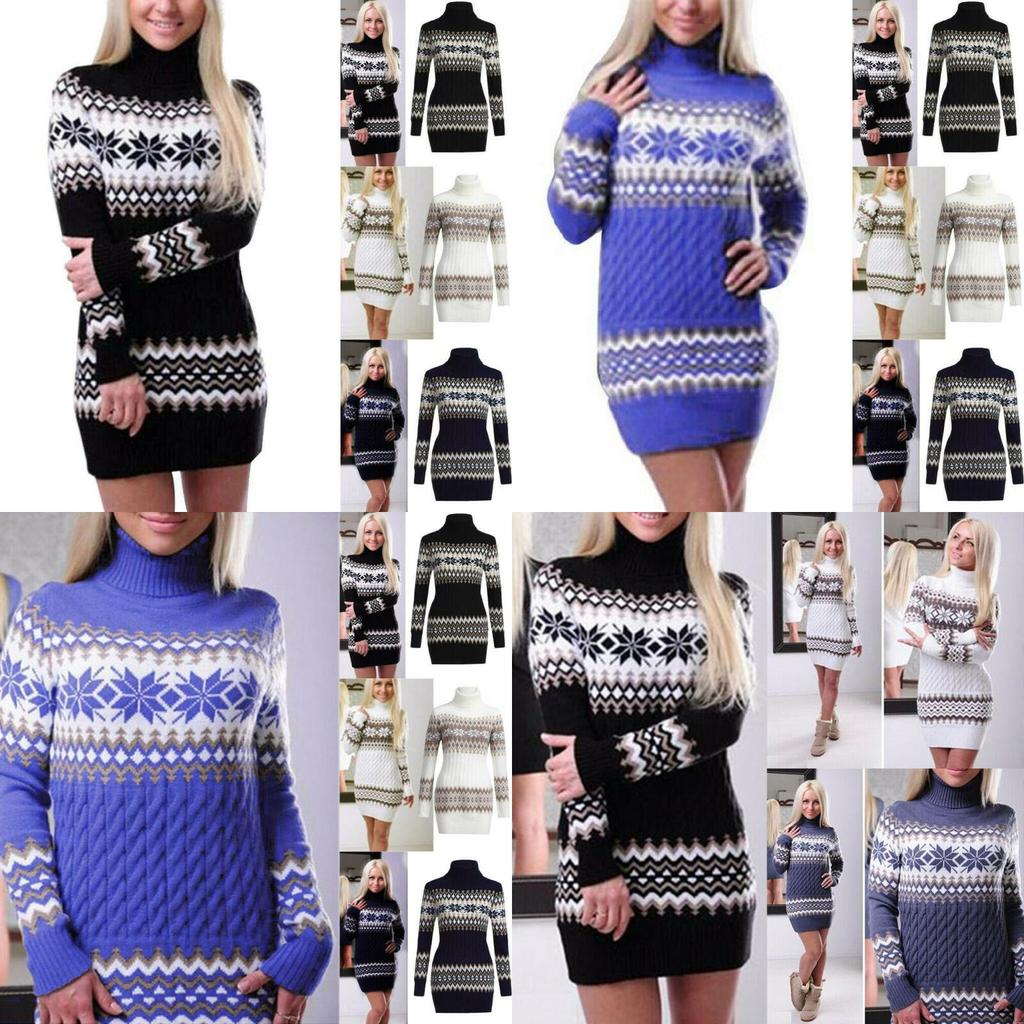 Elegant Christmas Woman Turtleneck Sweater Dress With Festive Snowflake Pattern