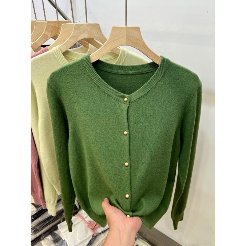 Solid color crew neck knitted cardigan women's spring and autumn new design sense long sleeve sweater jacket top trendy