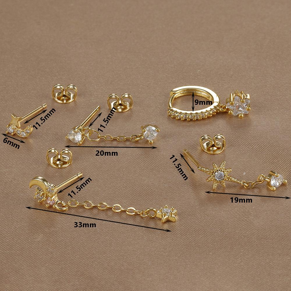 5pcs Sets Vintage Star Moon Zircon Earrings For Women Girls Luxury Delicate Small Long Tassel Stud Earrings Fashion Jewelry