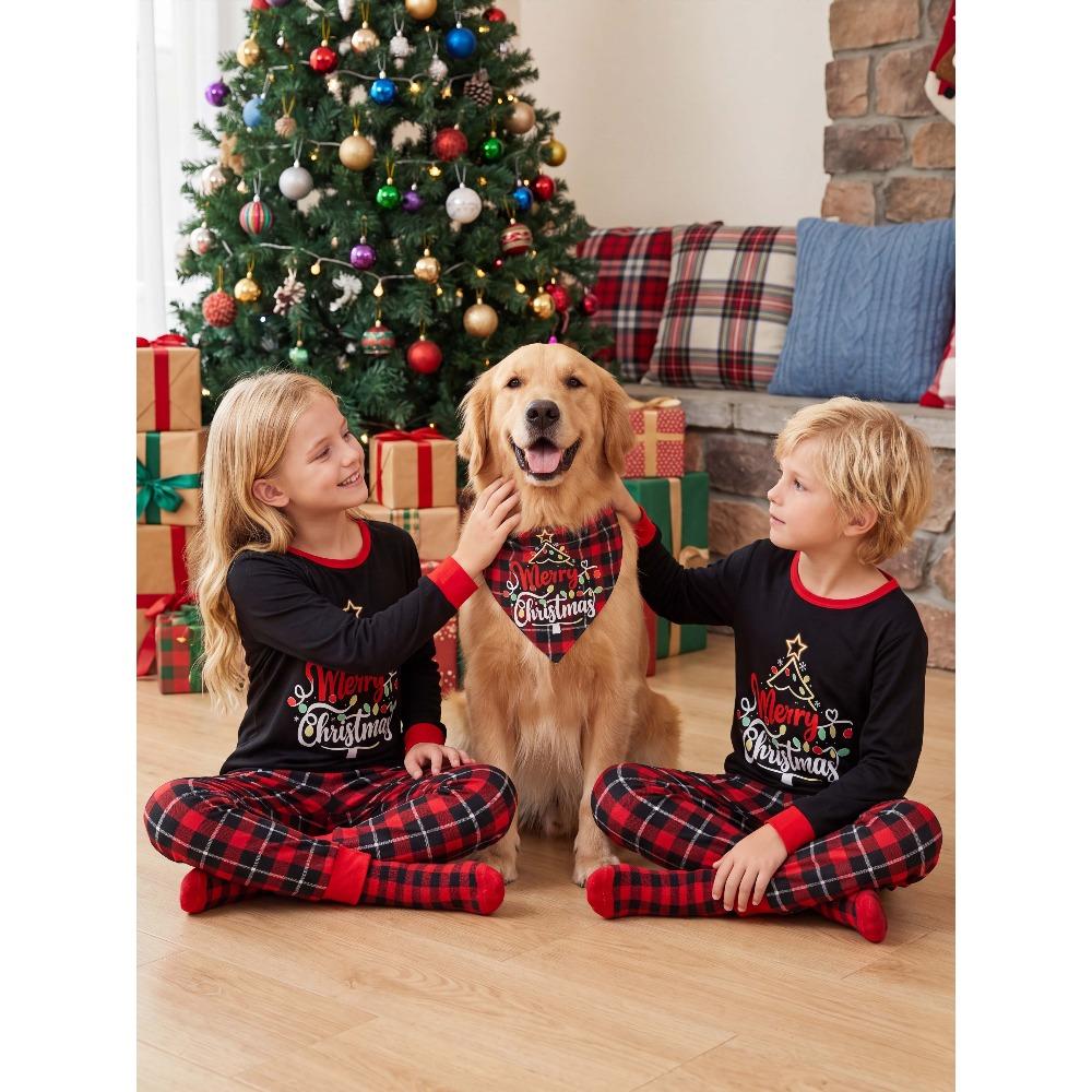 Christmas Pajama Set, Xmas Tree & Letter Print Long Sleeve Tops and Pants Sleepwear, Family Matching Christmas Pajamas Set for Men Women Boys & Girls