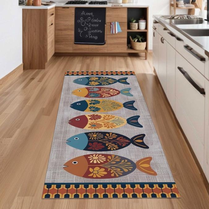 Fish Pattern Hallway Runner Rug Colorful Ocean-Themed Carpet Cute Boho Fish Long Mat for Kitchen Hallway Living Room Bedroom
