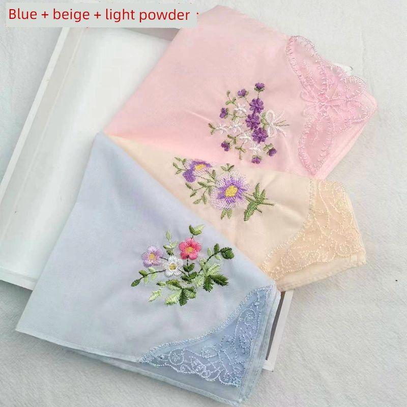 

3-предметный вышитый хлопковый носовой платок с маленьким кружевом Blue + beige + light powder