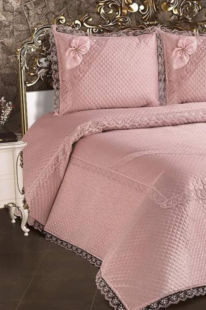 Poppy Quilted Bedding Set 3 Pcs, Coverlet Set 240x260 Pillowcase 50x70 Double Size Pink
