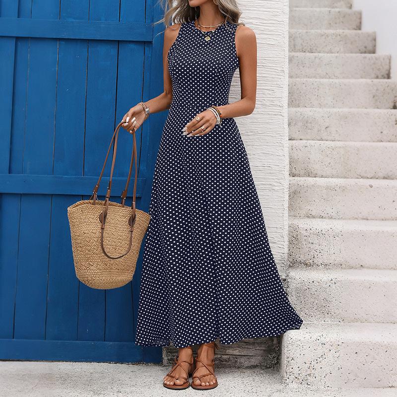 Women's Fashion Summer Spring Polka Dot Print Sleeveless O-Neck High Waist Casual Dresses
