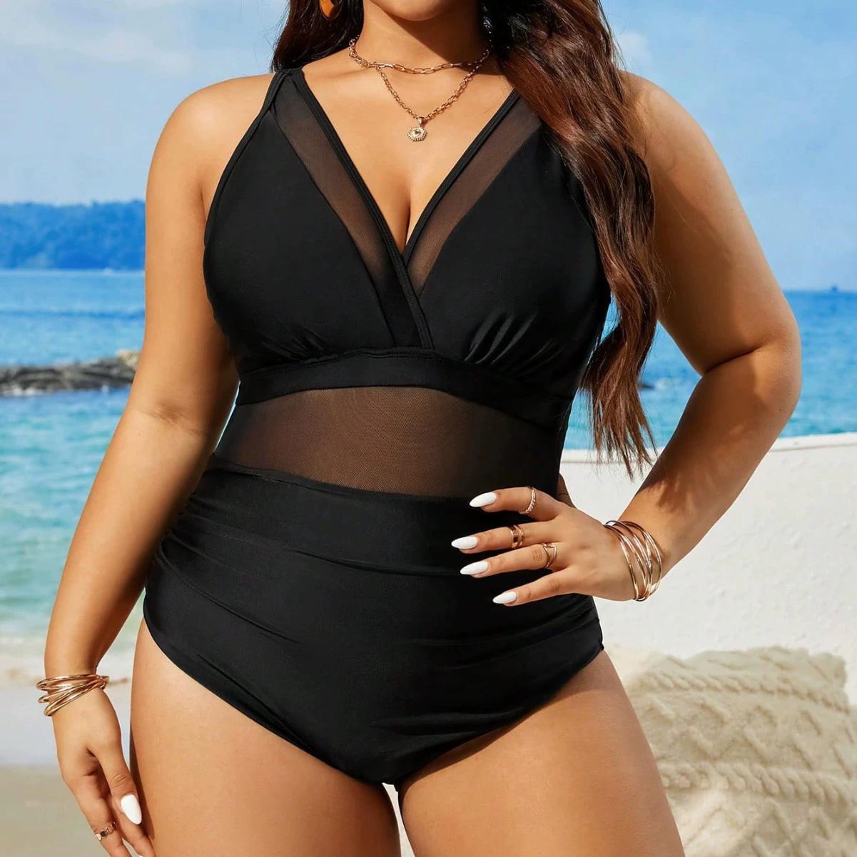 

Plus Size Swimsuit Women s Sexy One Piece Bathing Suits V-Neck Tummy Control Mesh Swimwear 4XL чорний