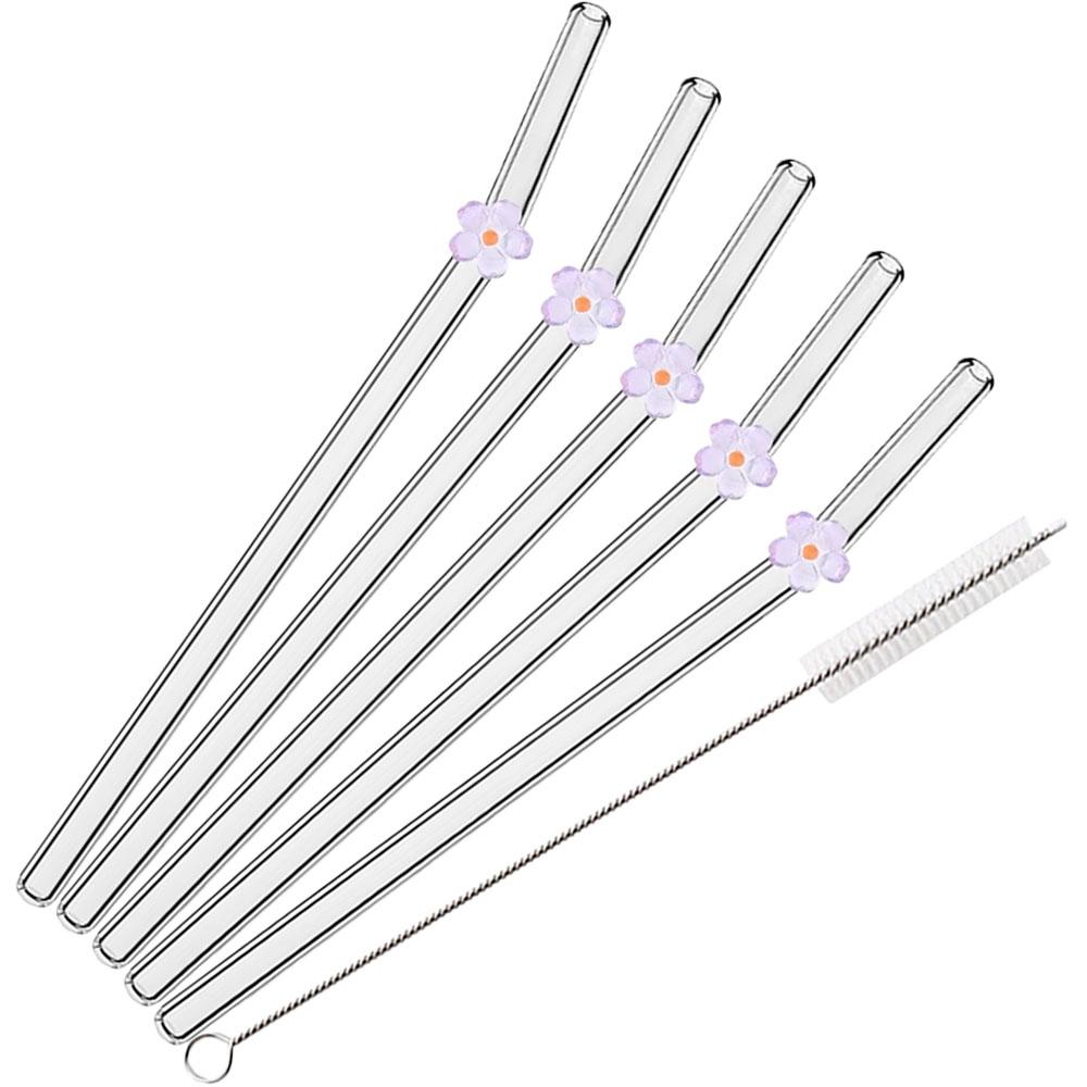 6Pcs Flower Drinking Straw Set High Borosilicate Glass Bent Straws Set with Brush Milk Shake Coffee Cocktail Straw Bar Drinkware