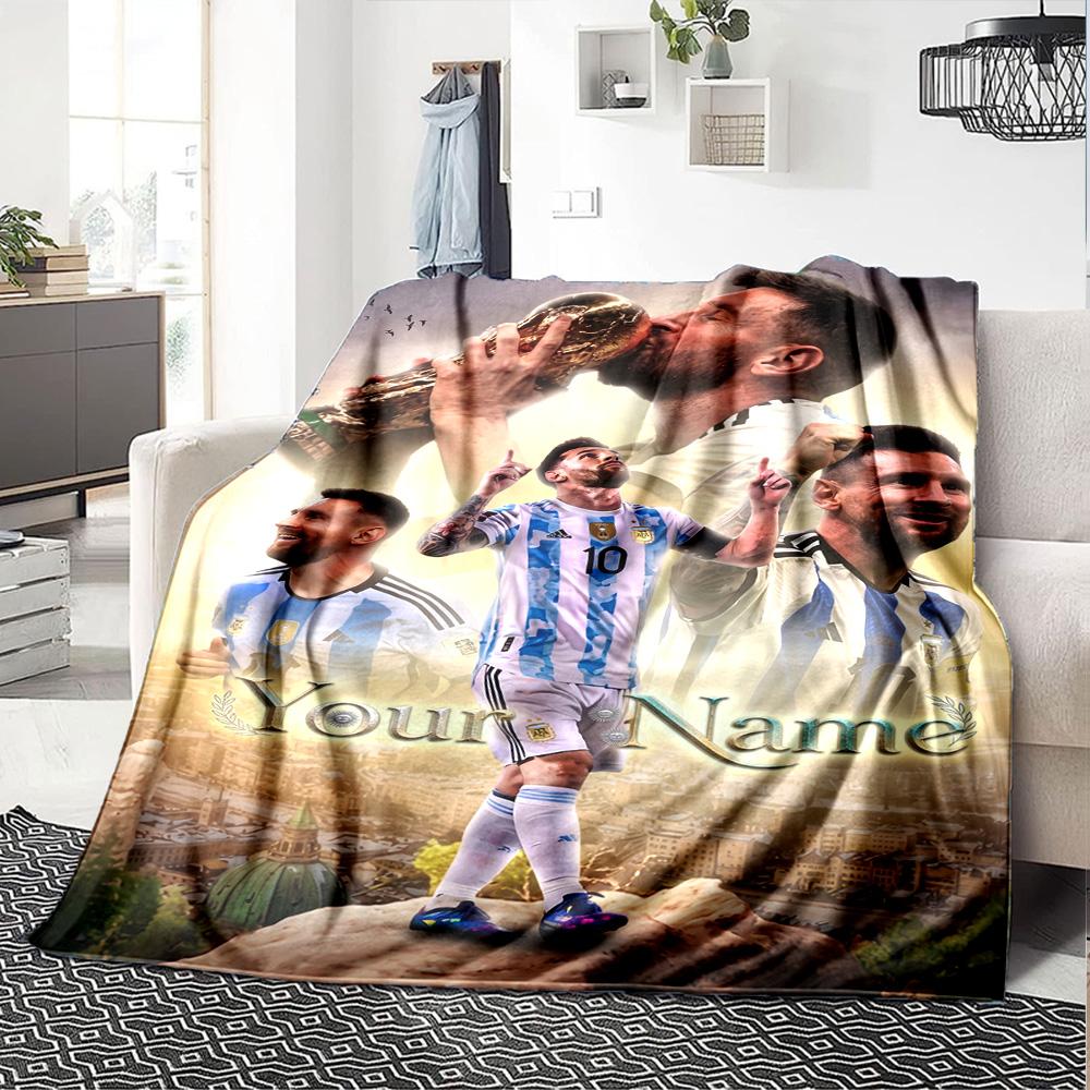 Football Messi Customize Your Name Blanket Gift Personalized Blanket Soft Warm Cozy for Office Office Chair Seaside Nap All-Season Use
