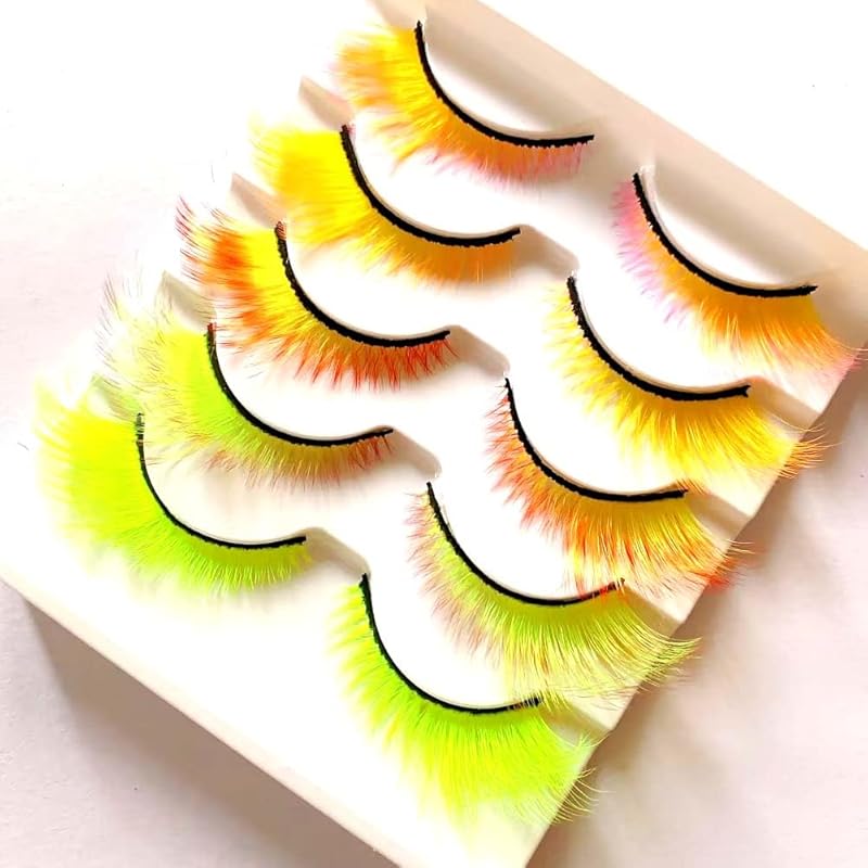 Sunniess Ombre Colored Lashes Silk Protein Fluffy Wispy Volume Fake Lashes for Halloweens Cosplay Party Stage Russian D Curl Lashes with Color Make