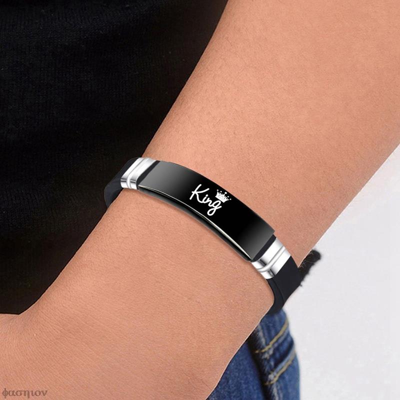 2 Pcs/Set Stainless Steel Crown Her King His Queen Trendy Sport Silicone Couple Bracelet Bangle Unisex Lover Bracelets Gift