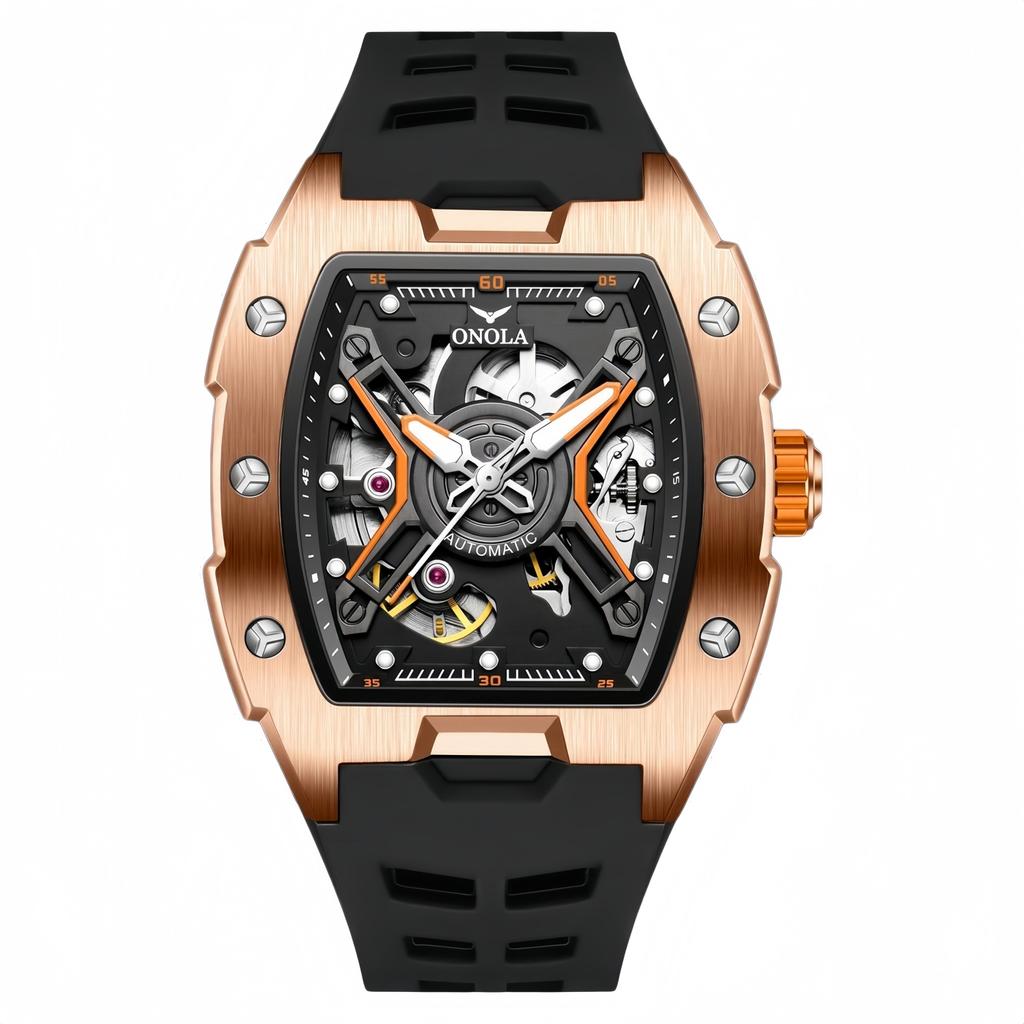 ONOLA Automatic Watch NEW 3870 Fashion Hollowed Out Tonneau Men Watch Silicone Strap Waterproof Mechanical Watch for Men Reloj