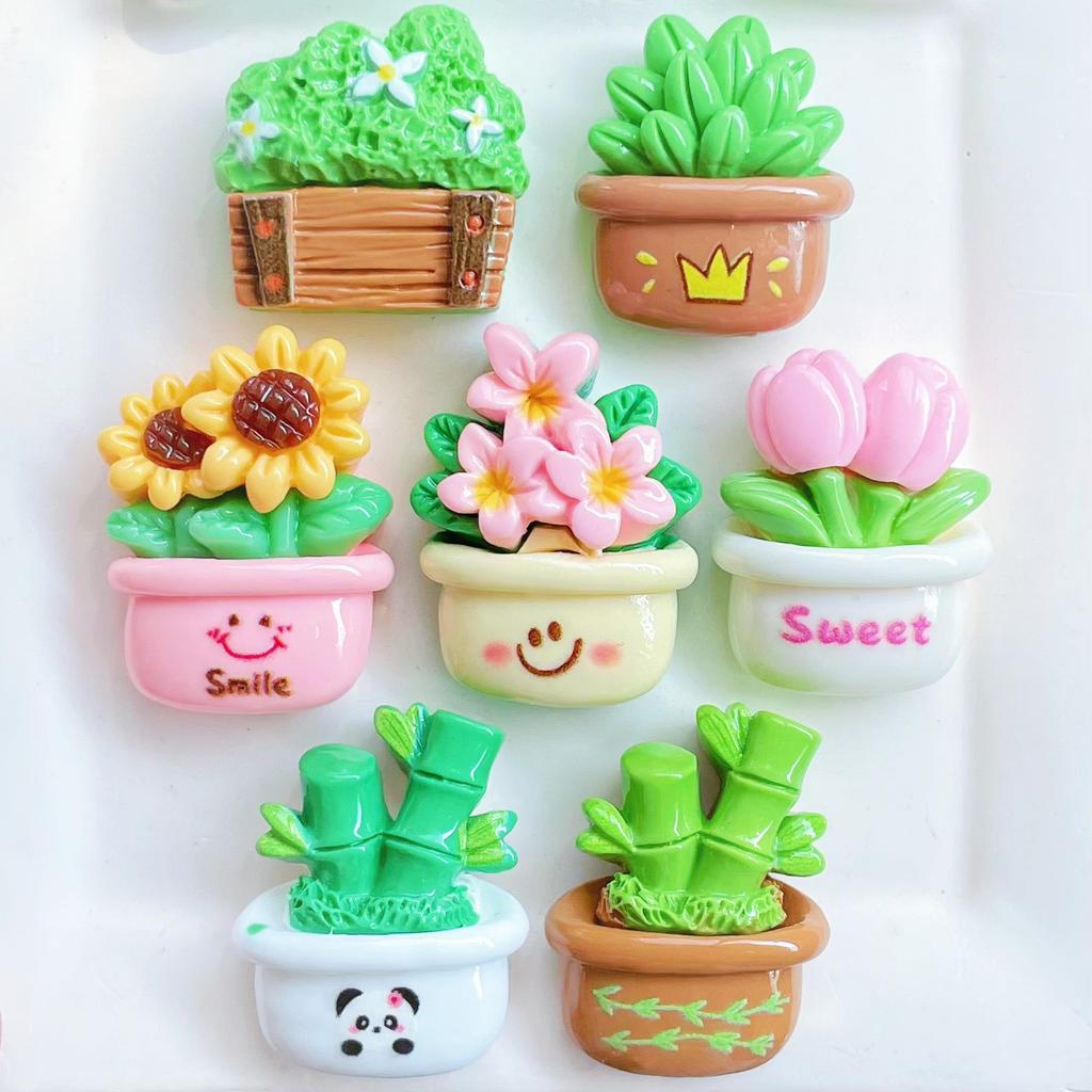 7pcs Cream Adhesive Stickers Potted Plastic Accessories Simulate Flowers & Bamboo Plant Accessories,Suitable for Home decoration