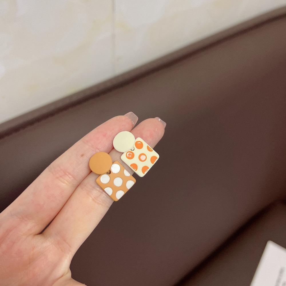 Retro Cute Red Asymmetrical Polka Dots Geometric Square Round Splicing Stud Earrings for Women Daily Wear Trendy Jewelry Gifts