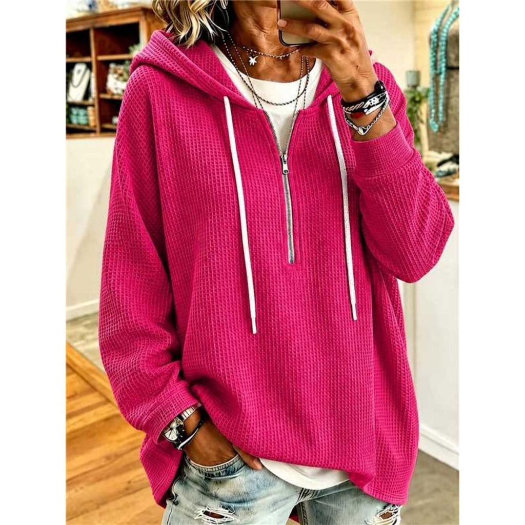 Women's Waffle Hoodie, Drawstring Zip-Up Loose Long Sleeve Sweatshirt Top, New Arrival, European American Style Cross-border Women's Clothing