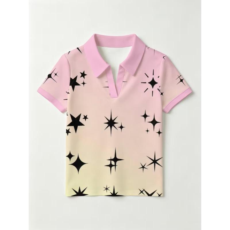 Women's Vintage Lapel Loose Printed Pullover,short sleeve Slimming Versatile Base Top for Autumn Winter