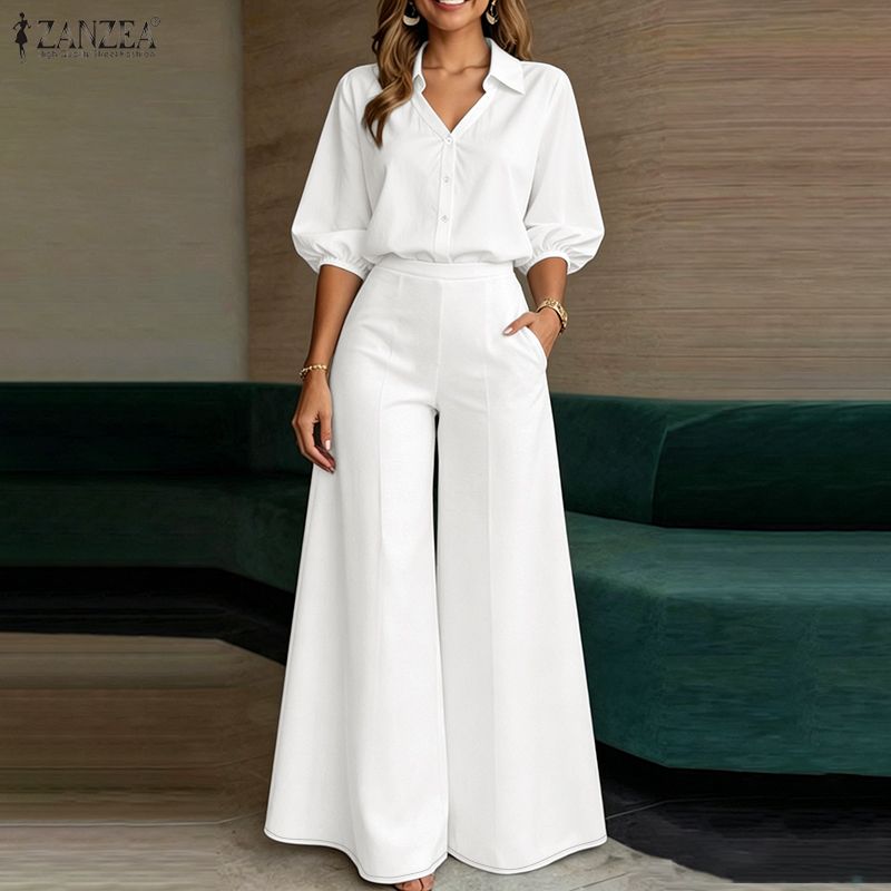 ZANZEA Damen 3/4-Ärmel Bluse und Hose mit weitem Bein Lässige zweiteilige Anzugsets