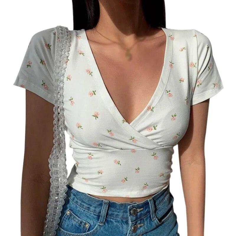 

Женская футболка в стиле ретро с цветочным принтом и V-образным вырезом, тонкая футболка с короткими рукавами и пупком, топы M