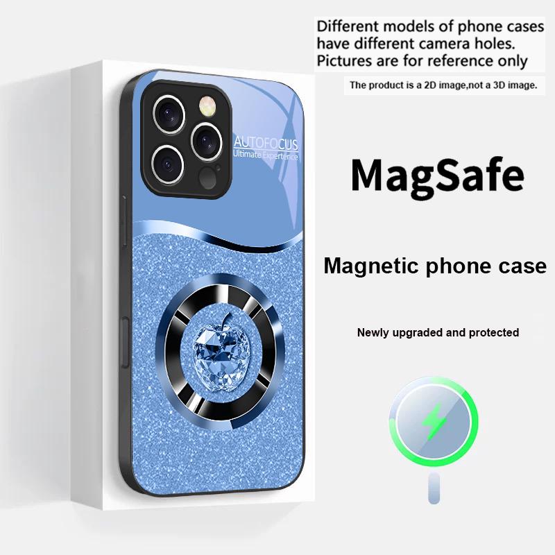 Crystal Purple Apple For iPhone 16 E 15 14 13 Plus 12 mini 11 Pro Max XR Xs Max 16E X 7 8 Plus 2022 Magsafe Glass Phone Case