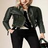 NOORA Women Lambskin Olive Green Leather Jacket, Stylish Motorcycle Jacket, Flare With Quilted Designer