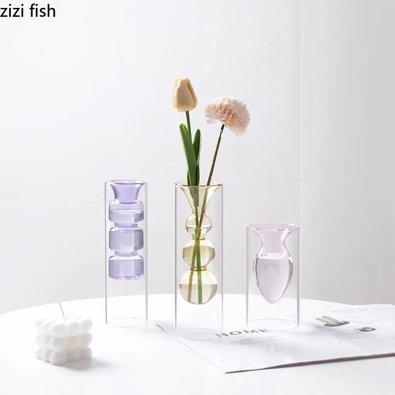 Colorful Double-layer Glass Vase Artistic Aromatherapy Bottle Transparent Hydroponic Dried Flower Vase Restaurant Desktop Decor