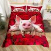 Kawaii Pig Duvet Cover Twin King Lovely Farm Animal Pigs Bedding Set Red Rose Floral Print Comforter Cover for Boys Girls Room
