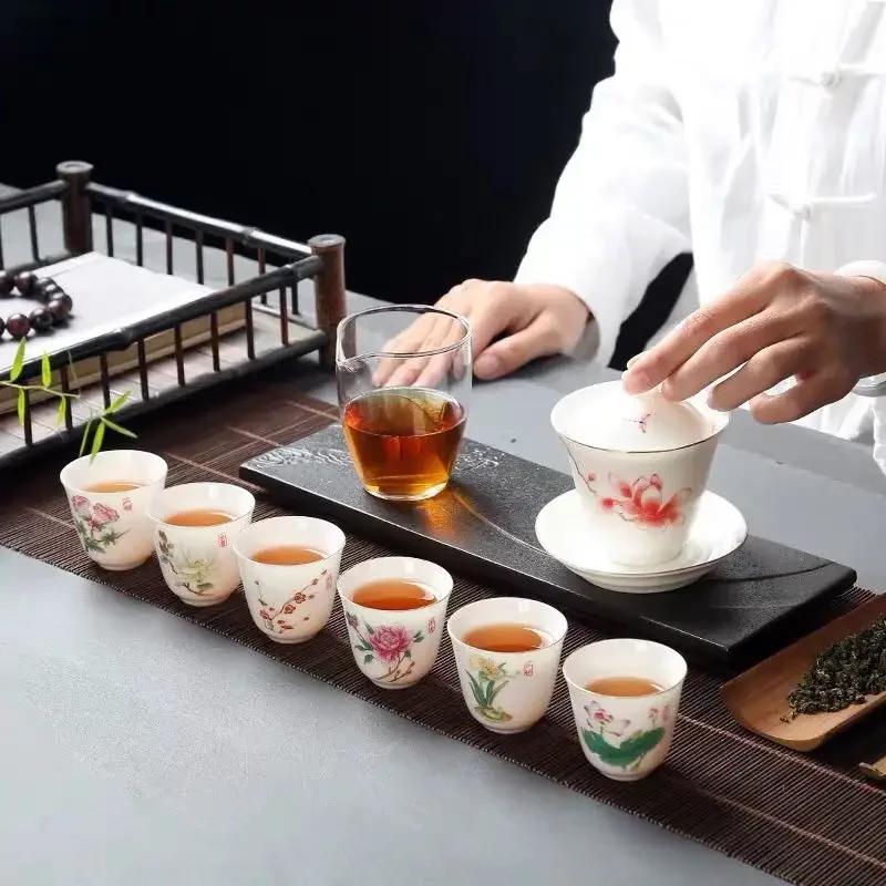 Chinese Ceramic Teacup Travel Personal Meditation Cup Hand Painted Lotus Leaf Tea Bowl Pu'er Master Cup Tea Set Accessories 65ml