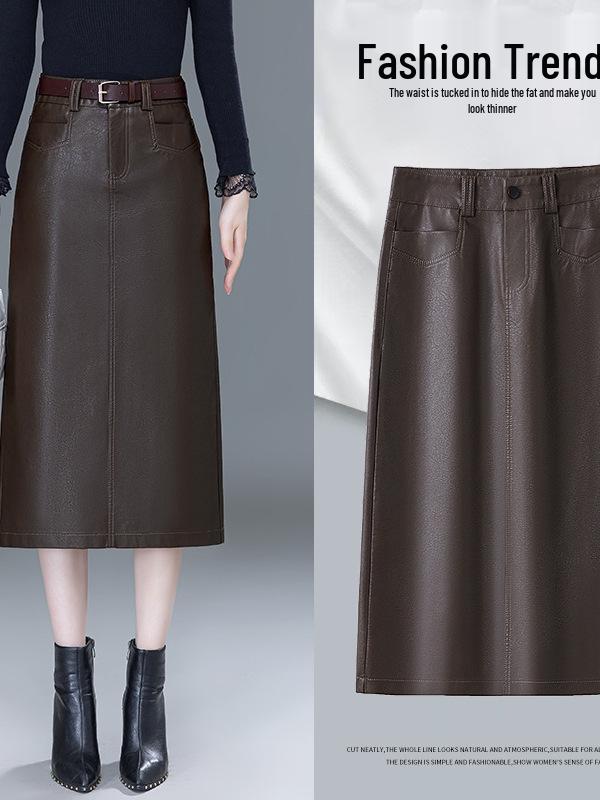 2025 Autumn/Winter Women's High-Waist A-Line Leather Skirt - Genuine Sheepskin Bodycon