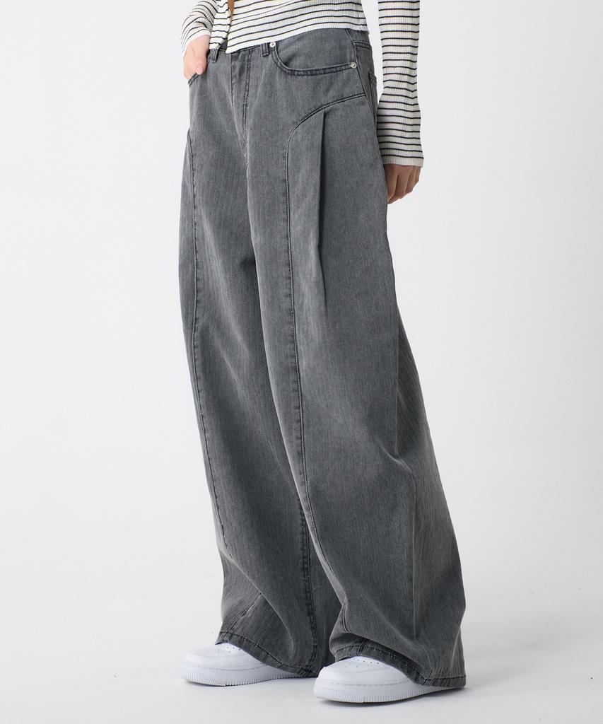 UNKNOWN PLANET Side Cut Tuck Pleat Wide Pigment Cotton Pants Gray