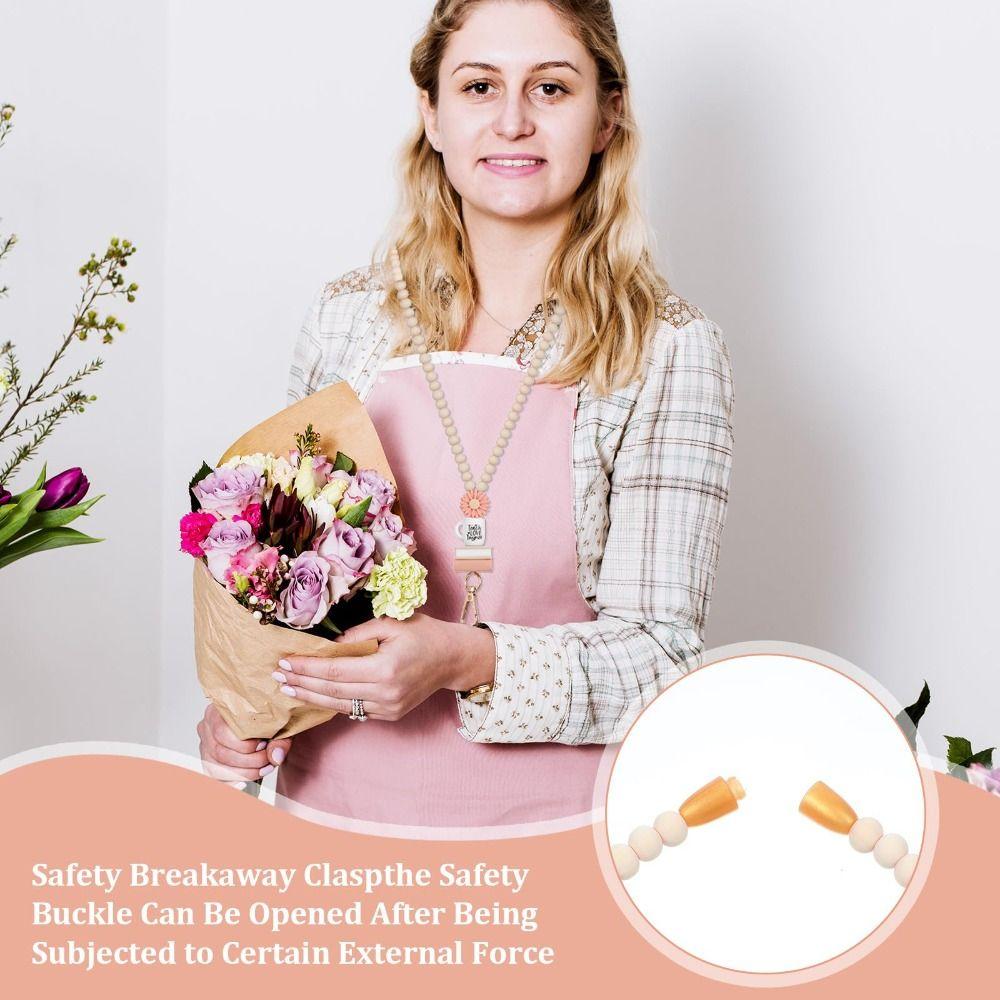 Wood Teacher Lanyard Pink Daisy Beads ID Holder Strap Fashion String for ID Badges  Keys