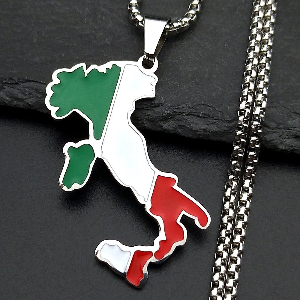 Italy Map Flag Pendant Necklace Men Women Gold Silver Color Stainless Steel Ethnic Nation Country Chain Jewelry Patriotic Gift