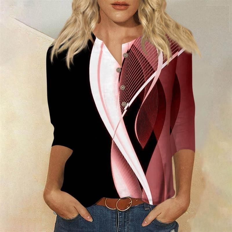 Button V-neck 3D Printed Top Fashionable Casual Long Sleeved Women's T-shirts