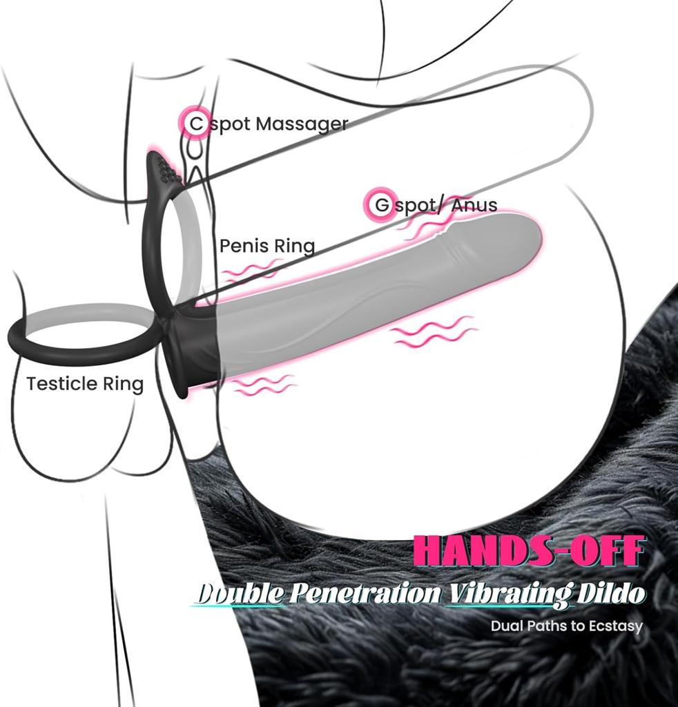 Silicone Vibrating Anal Plug, Double Penetrating Dildo with Cock Ring 10 Frequency Vibrating Ass Plug - No Battery Sex Toy