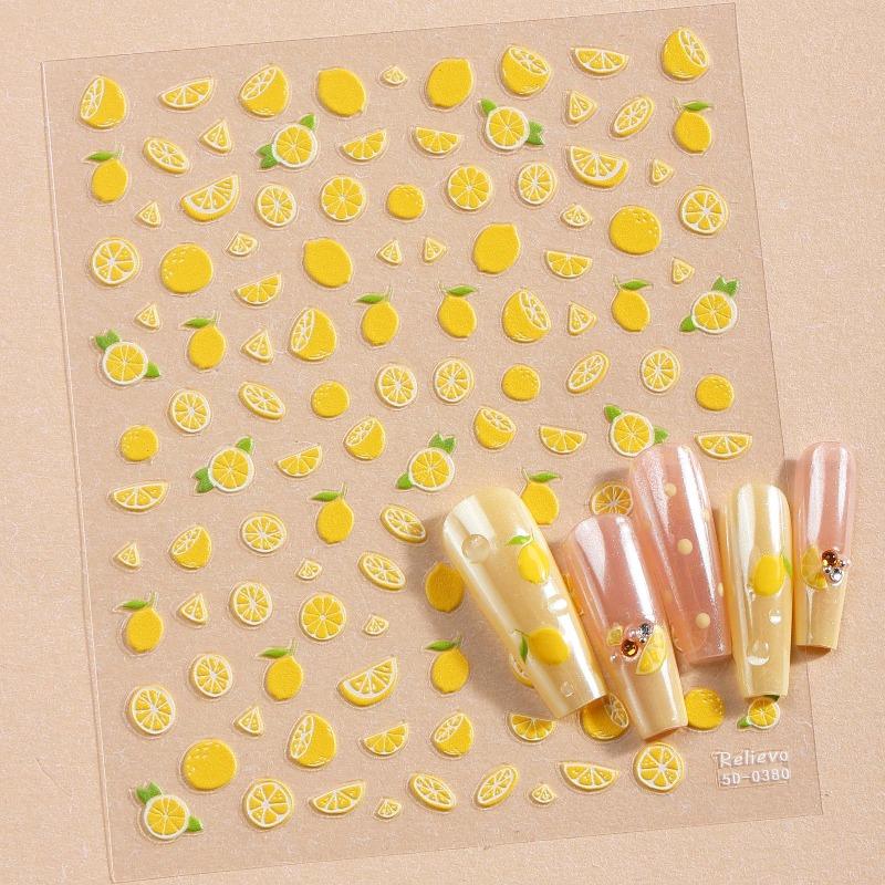 3pcs 5D Summer Lemon Nail Art Sticker Emboss Fruit Self-Adhesive Nail Decals Nails DIY Manicure Decoration for Girls and Women