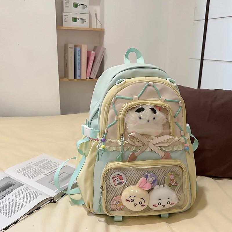 Women's Color Block College-Style Backpack with Ballet Ruffle Lace Design