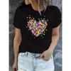 Women's Casual Black T-Shirt - Colorful Heart Pattern Short Sleeve Crew Neck Machine Washable for Spring Summer