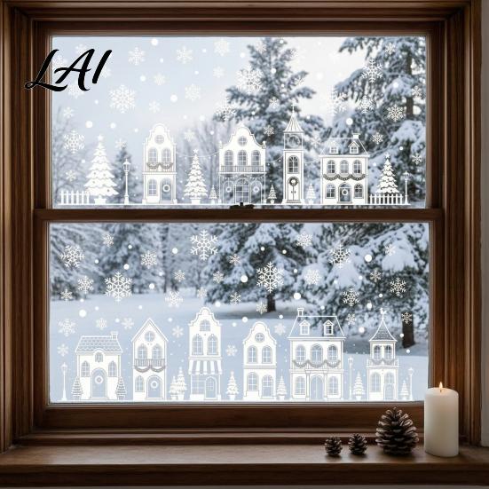 Nordic Style Holiday Decorations 4Pcs Christmas Static Window Clings White Town House Snowflake Glass Stickers Removable Winter Scene Stickers