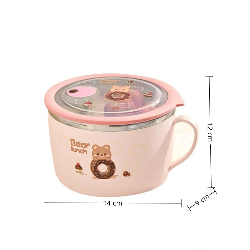 Stainless Steel Instant Noodle Bowl Bear Pattern Anti-scald Lunch Box Double Insulated with Lid Rice Bowl Kitchen Supplies