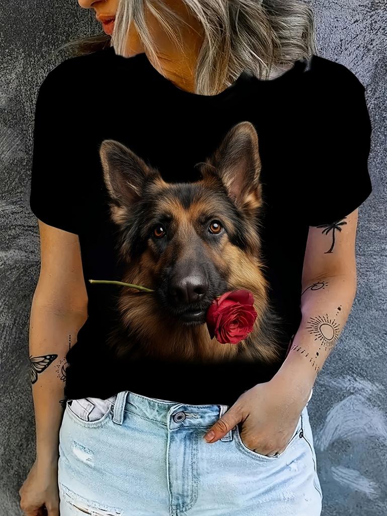 Women's Tops 2026 Trend T Shirt 3D Dog Graphic Printing Summer Breathable Round Neck Short Sleeved Top Fashion Clothes for Woman