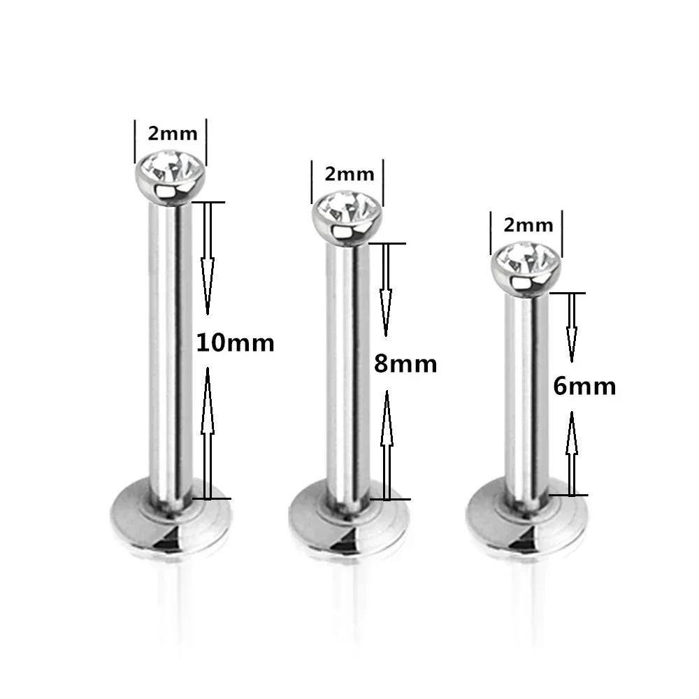 2X 2mm Multicolour Crystal Internal Thread Labret 6mm - 12mm Steel Ring Bar Ear Tragus Monroe Lip Stud Piercing