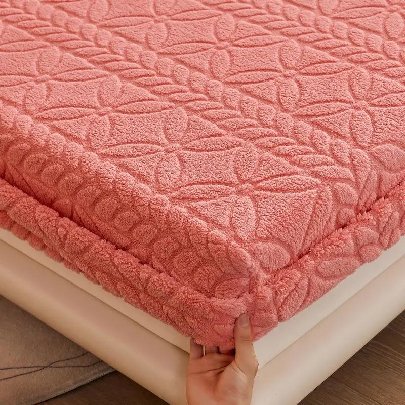 Winter Thickened Coral Fleece Fitted Sheet Elastic Mattress Protector Soft Warm Plush Bed Linen Luxury Double King Size