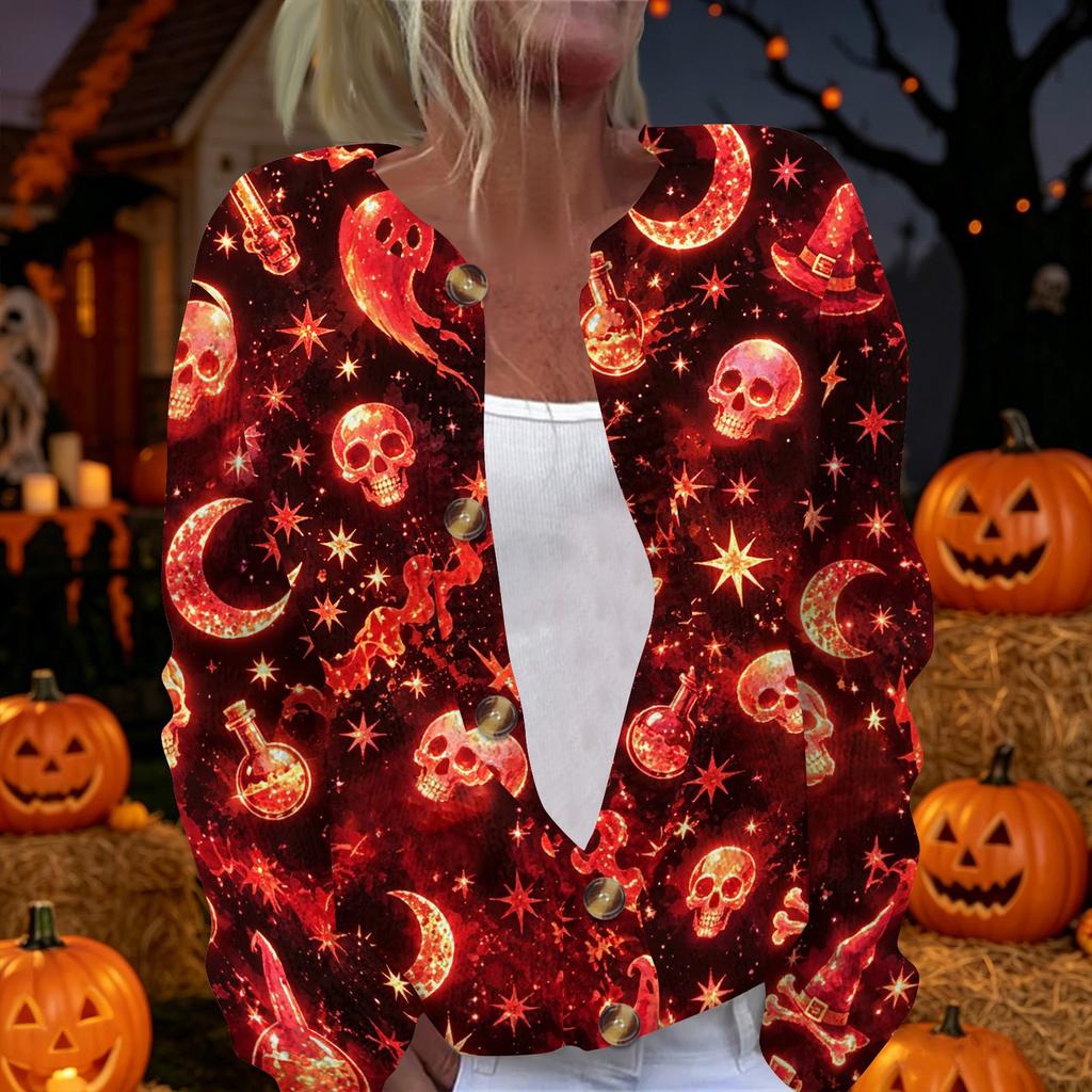 Womens Halloween Print Long Sleeve Knit Cardigan Button Up Sweater Coat Lightweight Casual Outerwear for Fall and Winter